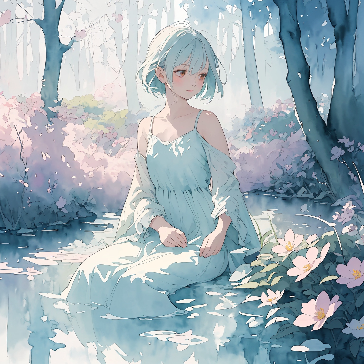 Title: "Whimsical Watercolors: The Serene Elegance of a Woman in a Pastel Dreamscape"ArtStyle: Watercolor Painting Style D...