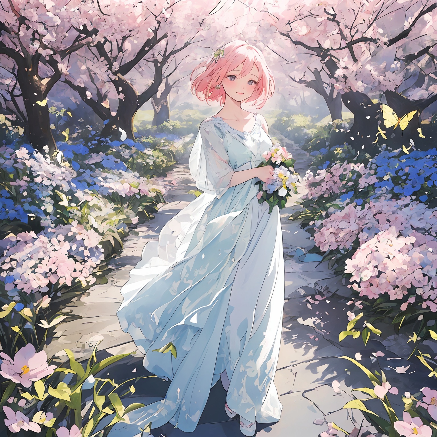 Title: "Blossom Symphony: The Vivid Elegance of a Woman in Spring's Embrace"ArtStyle: Colored Pencil Drawing - Texture: De...