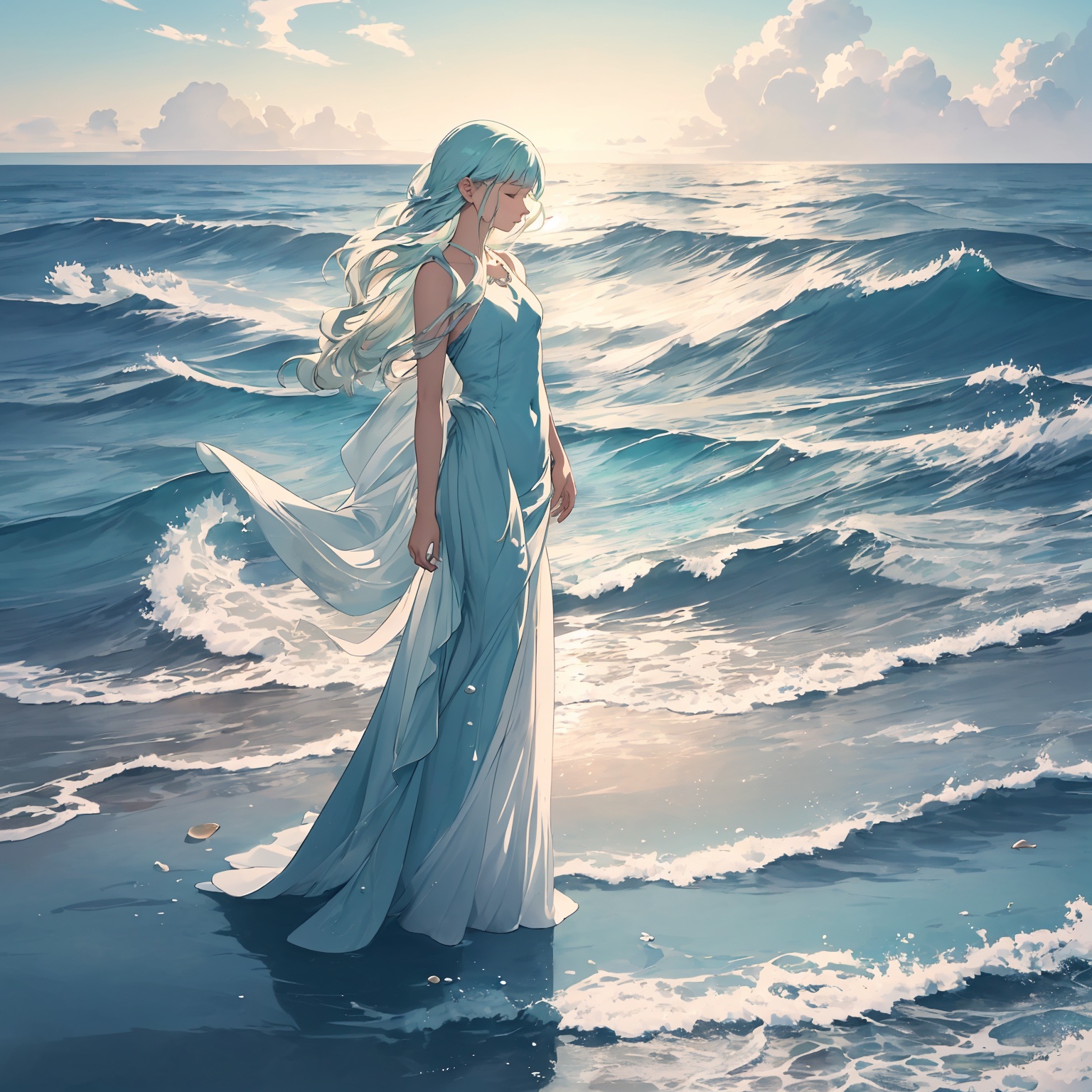 Title: "Whispers of the Sea: The Serene Beauty of a Woman Amidst Ocean Hues"ArtStyle: Colored Pencil Drawing- Texture: Smo...