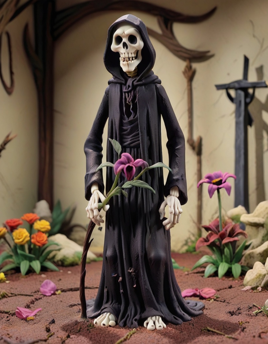 claymation,  Death: The Grim Reaper stands amidst withering flowers,  signifying transformation on Tensor.Art