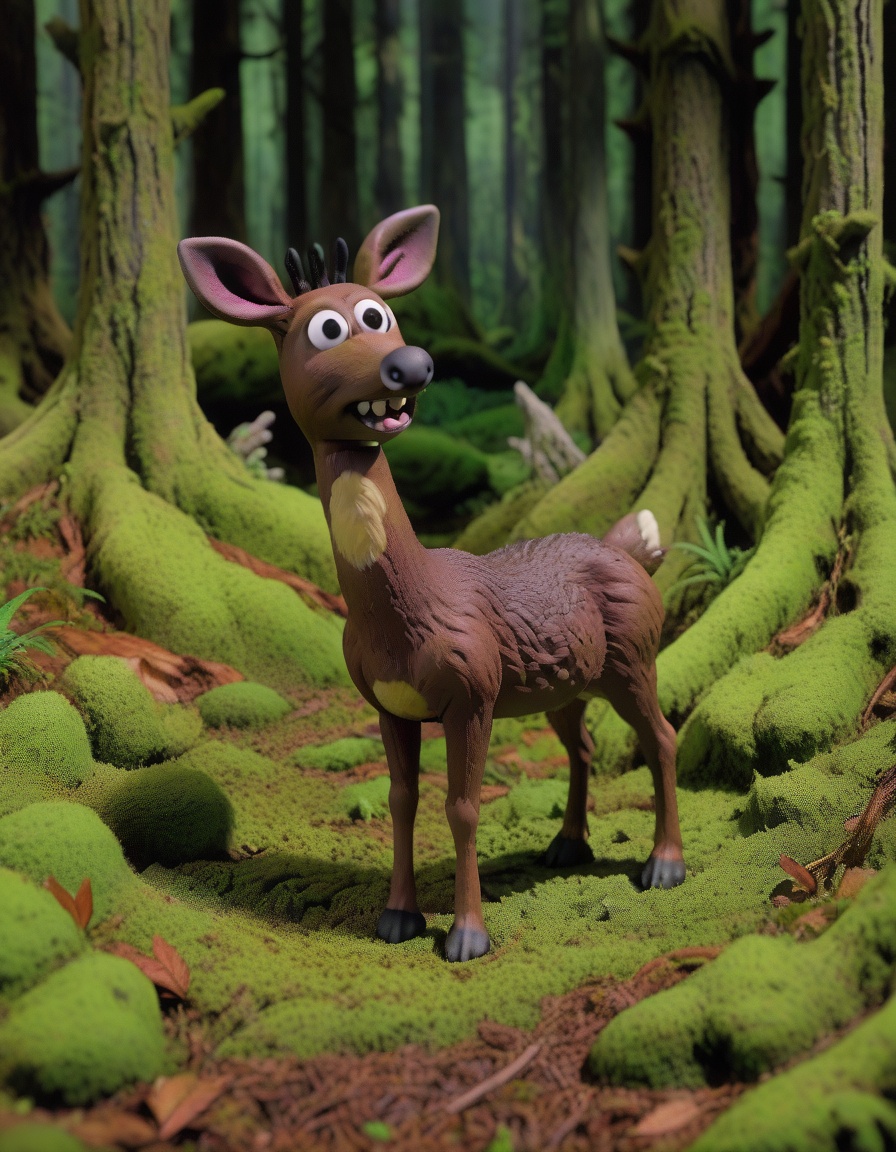 claymation,  a Musk deer in Mossy Forest landscape at Small hours on Tensor.Art