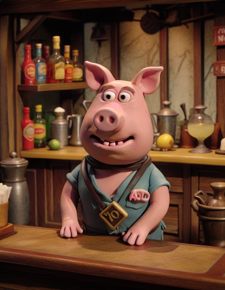 claymation,  a bartender Pig behind a counter,  Atoll at Mid-morning on Tensor.Art