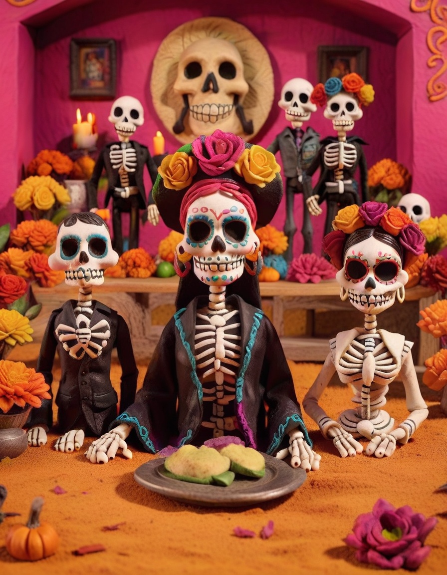 claymation,  Dia de los Muertos (Day of the Dead),  Colorful Skull Masks on Tensor.Art