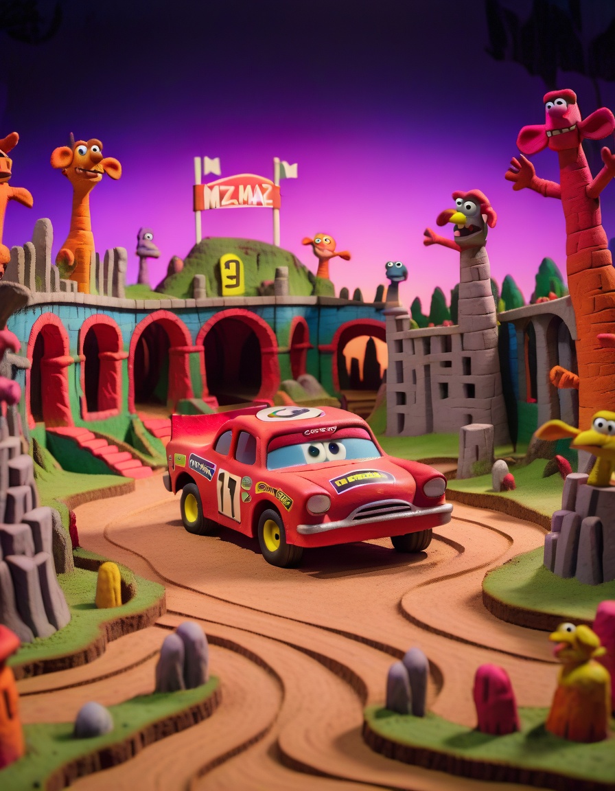 claymation,  a Stock car in The Mirror Maze landscape at Dusk on Tensor.Art
