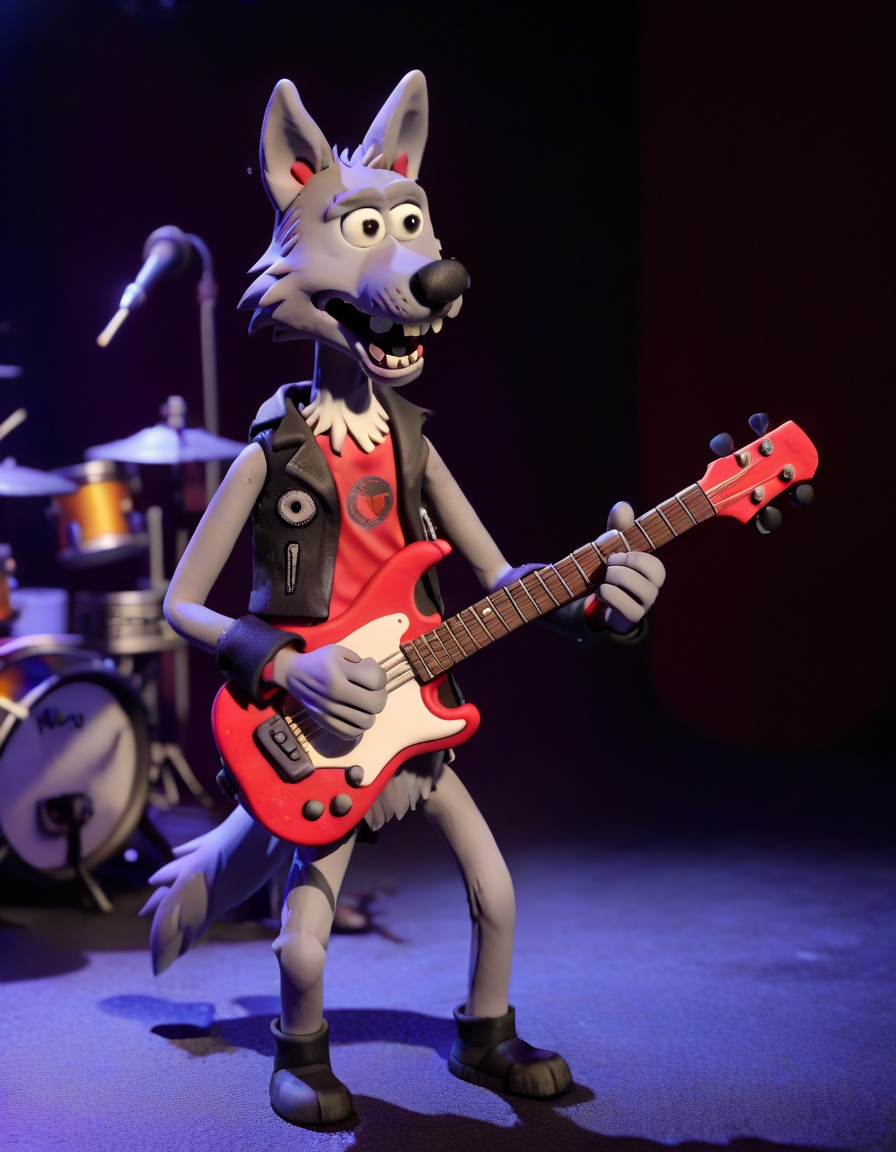 claymation,  a Wolf playing guitar in a club,  rock band on Tensor.Art