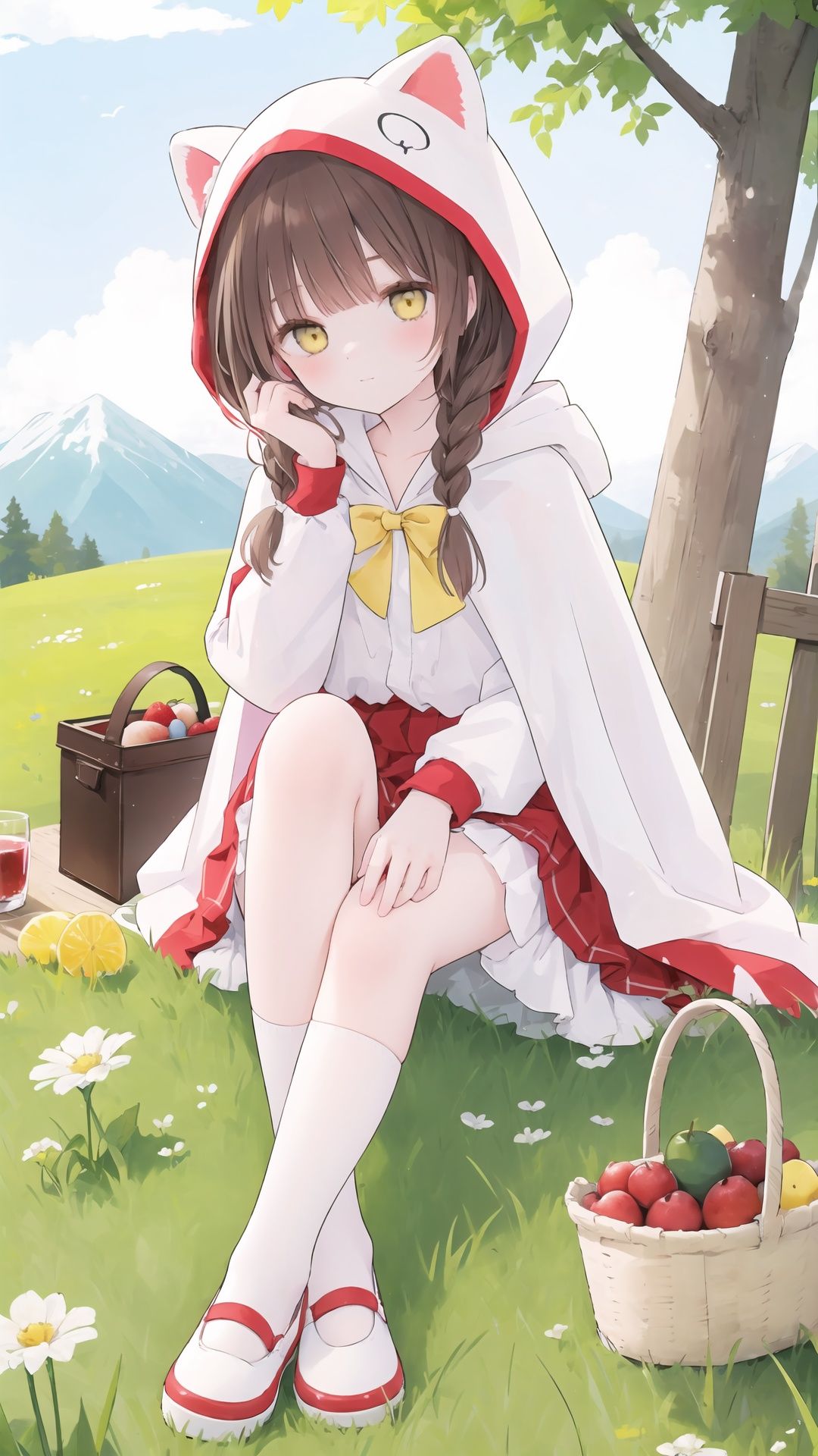 1girl, bottle, solo, skirt, sitting, braid, outdoors, hood, shirt, socks, white socks, white shirt, red skirt, twin braids, shoes, bandaid, red footwear, wine bottle, looking at viewer, tree, brown hair, day, long hair, holding, frills, little red riding hood (grimm), frilled skirt, food, bandaid on leg, mary janes, closed mouth, yellow eyes, hood up, bow, basket, kneehighs, fruit, sky, cloak, hooded cloak, grass, bangs, hooded cape, hooded capelet, alcohol, animal hood, full body, picnic basket, cup, cloud, bandaid on knee, pleated skirt, mountain, cape, brown eyes, collarbone