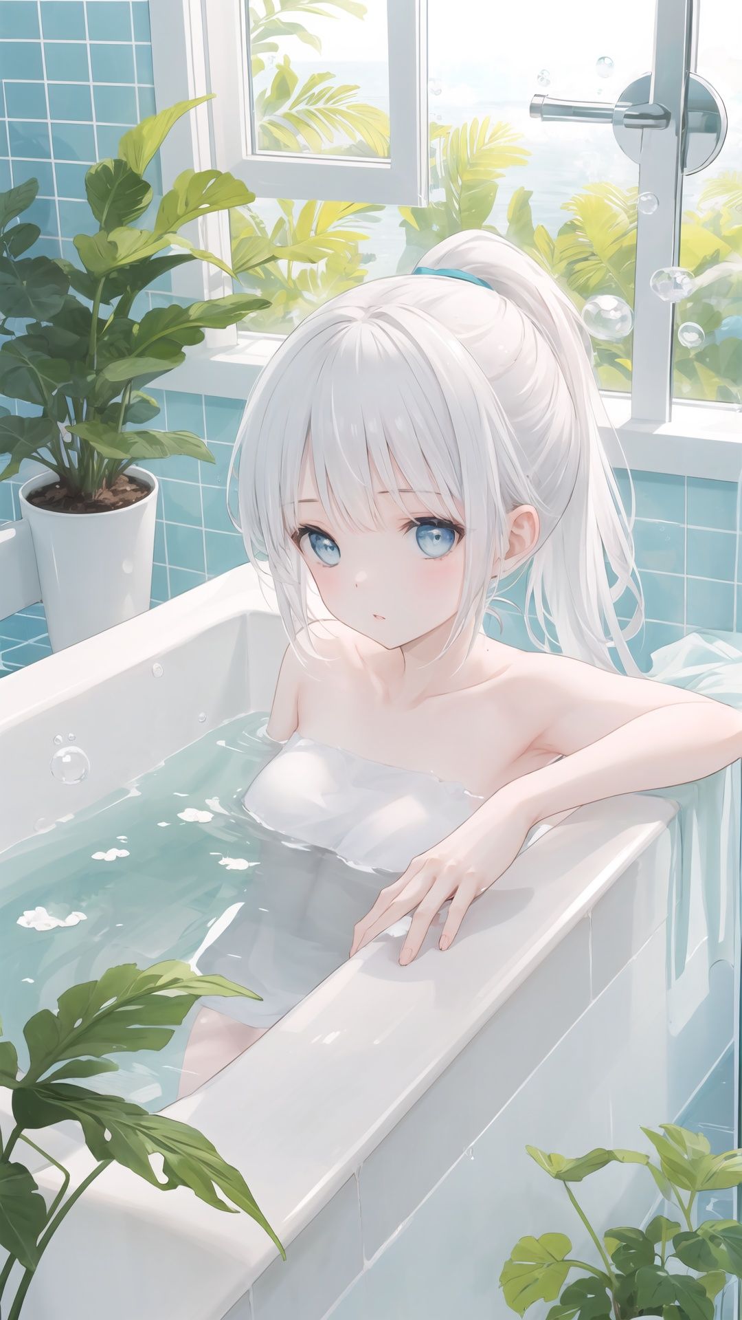 1girl, bathtub, solo, long hair, looking at viewer, window, white hair, bathing, indoors, water, soap bubbles, plant, bathroom, outstretched arms, bubble, bath, towel, blue eyes, ponytail, tiles, soap bottle, bangs, tile wall, potted plant, faucet, partially submerged, wet, blush, from above, parted lips, aqua eyes