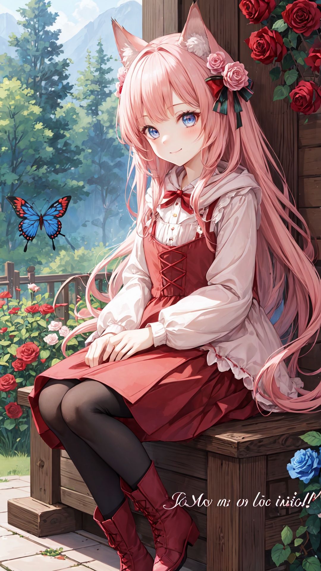 little red riding hood \(grimm\), flower, blonde hair, boots, blue eyes, butterfly, rose, rabbit, bug, pantyhose, pink rose, bird, long hair, sitting, french text, hood, english text, basket, wolf, multiple girls, tree, 1girl, smile, dress, food, pink flower