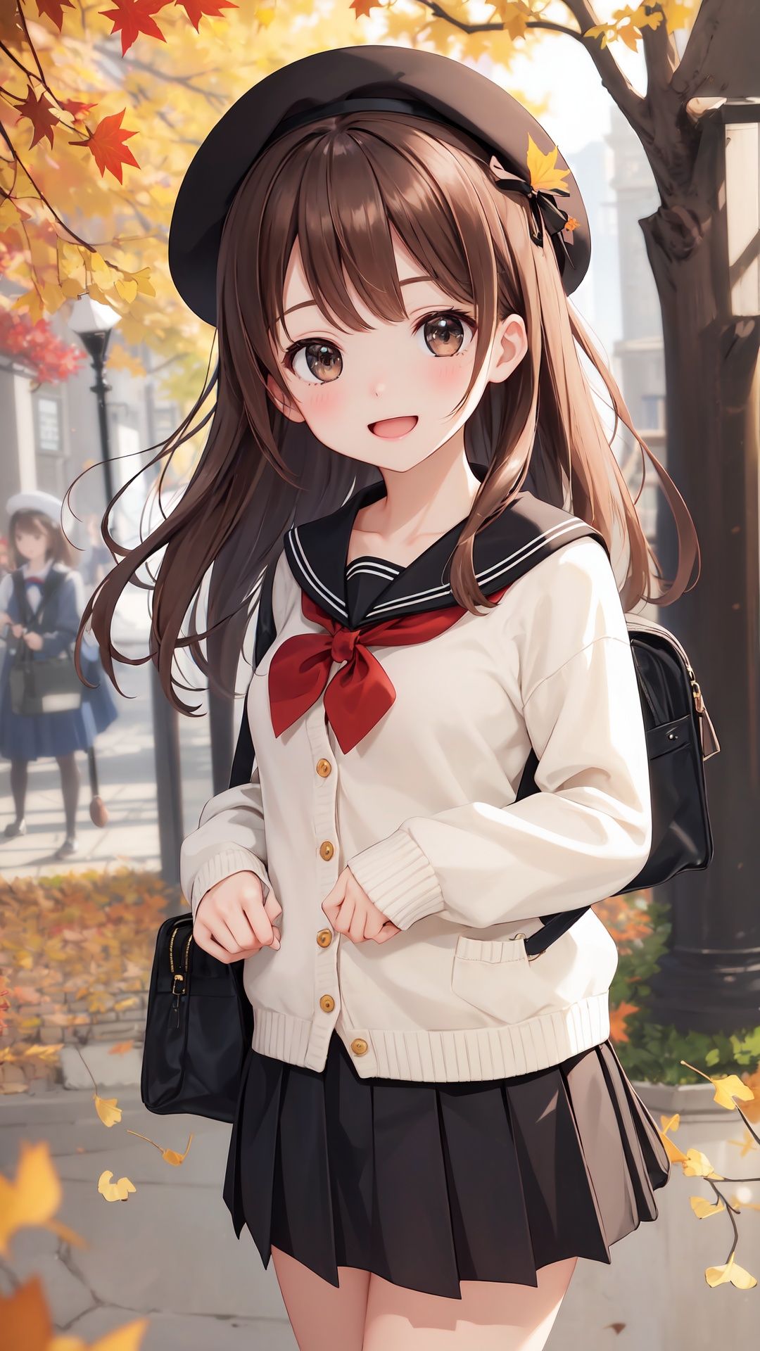 1girl, skirt, sailor collar, holding, smile, pleated skirt, hat, school uniform, solo, camera, long hair, off shoulder, shirt, bag, brown eyes, blurry, :d, bangs, serafuku, black sailor collar, holding camera, black skirt, autumn leaves, white headwear, white shirt, leaf, long sleeves, open clothes, open mouth, puffy long sleeves, blush, looking at viewer, ginkgo leaf, animal, blurry foreground, depth of field, cardigan, animal on shoulder, squirrel, blurry background, bow, beret, brown hair, black bow, puffy sleeves, open cardigan, hair between eyes, autumn, shoulder bag, hair ribbon, ribbon, white cardigan, maple leaf, outdoors, collarbone, falling leaves