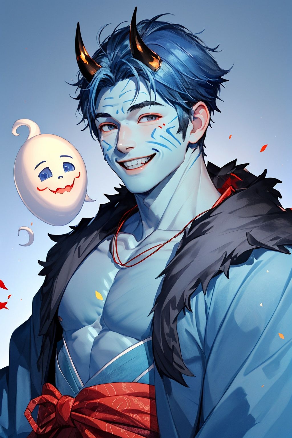 best quality, masterpiece,(1boy:1.5), solo,upper_body, ukiyo-e,a character portrait, (blue skin:1.5), ghosts, horns, bad smiles, straight teeth,Tiger Tooth, kimono,male_focus,Be haunted by a ghost, Evil smile,dark fairy tale,big laugh,