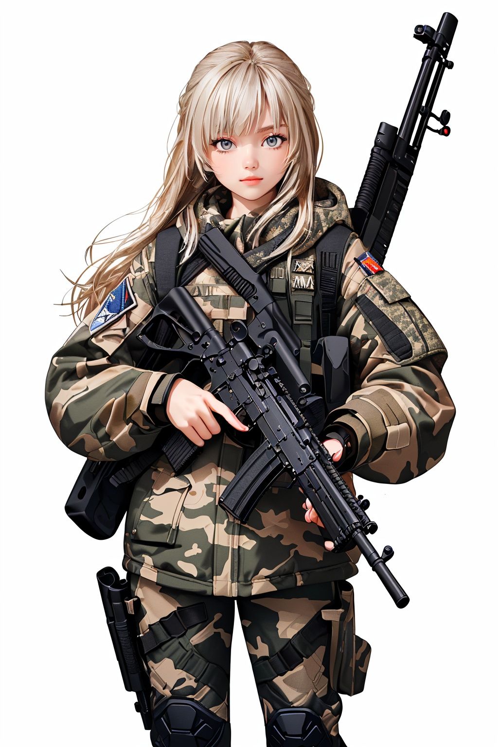 masterpiece, best quality, full body,[(white background:1.2)::8],(mid shot:0.95),dynamic angle, 1girl,loli,(((holding AK-47:1.25, holding gun, ak-47, akm, assault rifle, kalashnikov rifle, aiming:1.2, finger on trigger))),battle field,professional soldier
