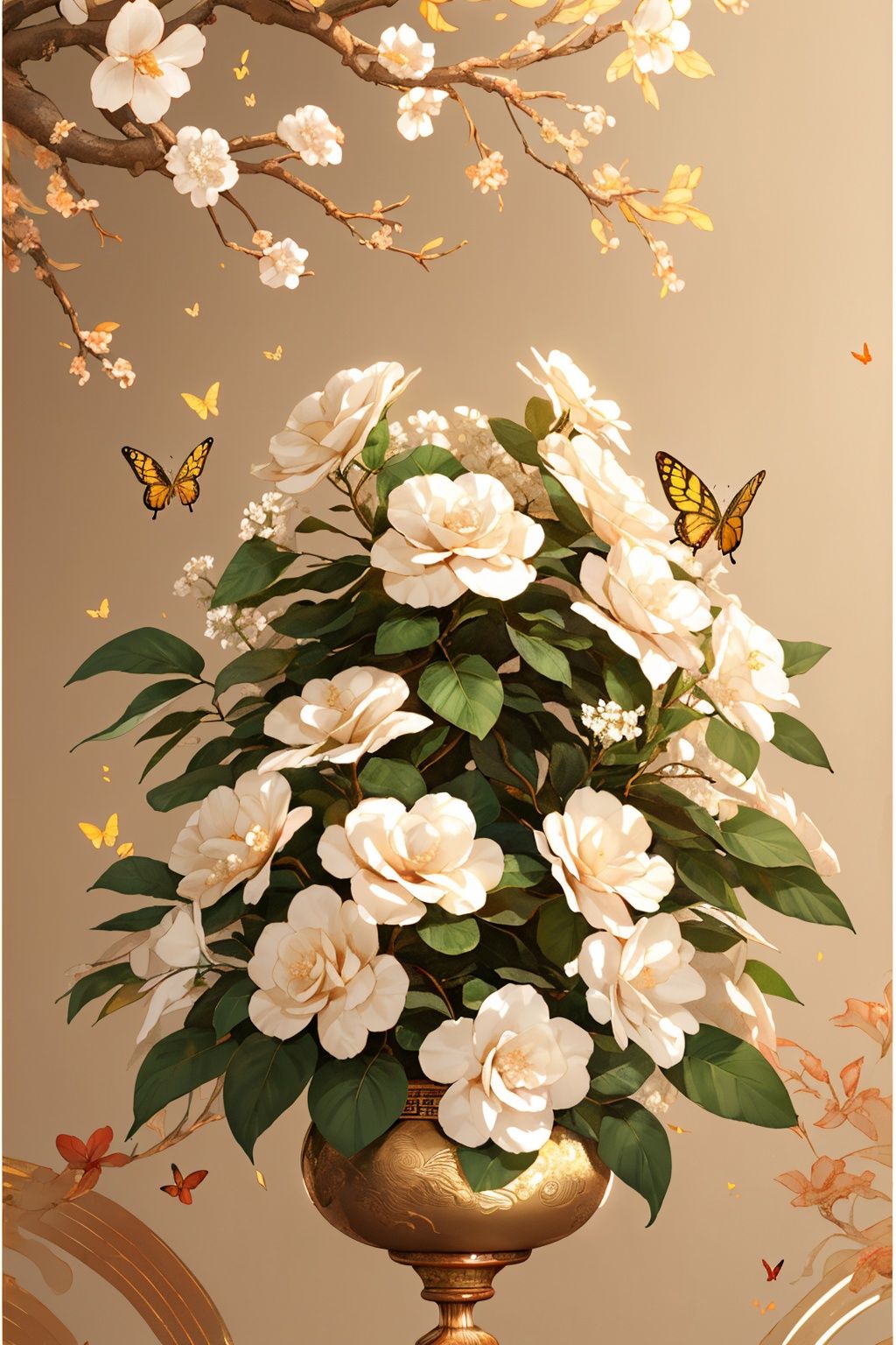 Ancient and Chinese style, butterflies stop on gardenias, butterflies, gardenias, branches and leaves, flower clusters, traditional Chinese painting,(golden background:1.2),(masterpiece:1,2), best quality, masterpiece, highres, original, extremely detailed wallpaper, perfect lighting,(extremely detailed CG:1.2)