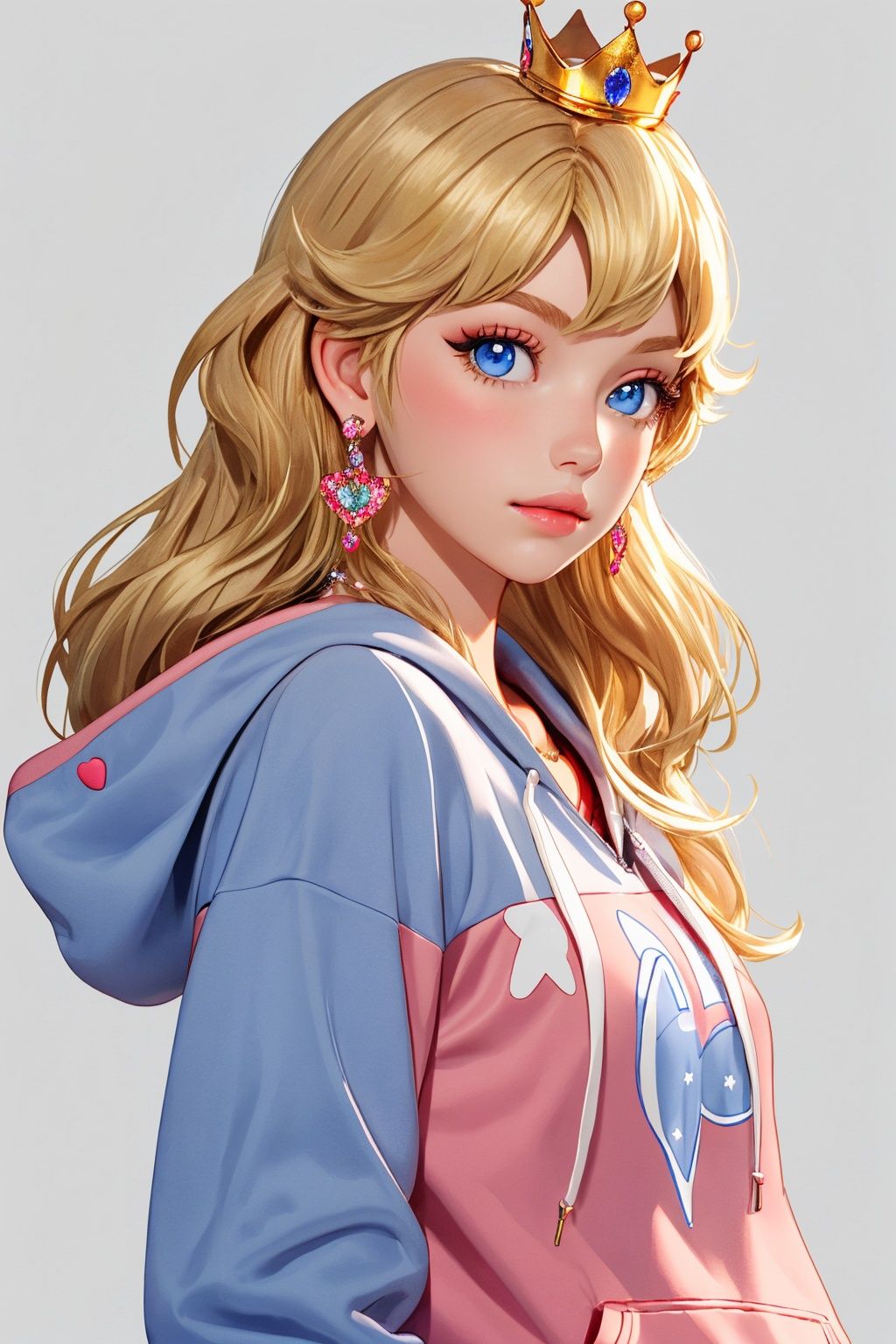 pixar,1girl,blonde hair,princess peach,blue eyes,jewelry,earrings,crown,hoodie,looking at viewer,solo,hood,long hair,lips,eyelashes,casual,simple background.,