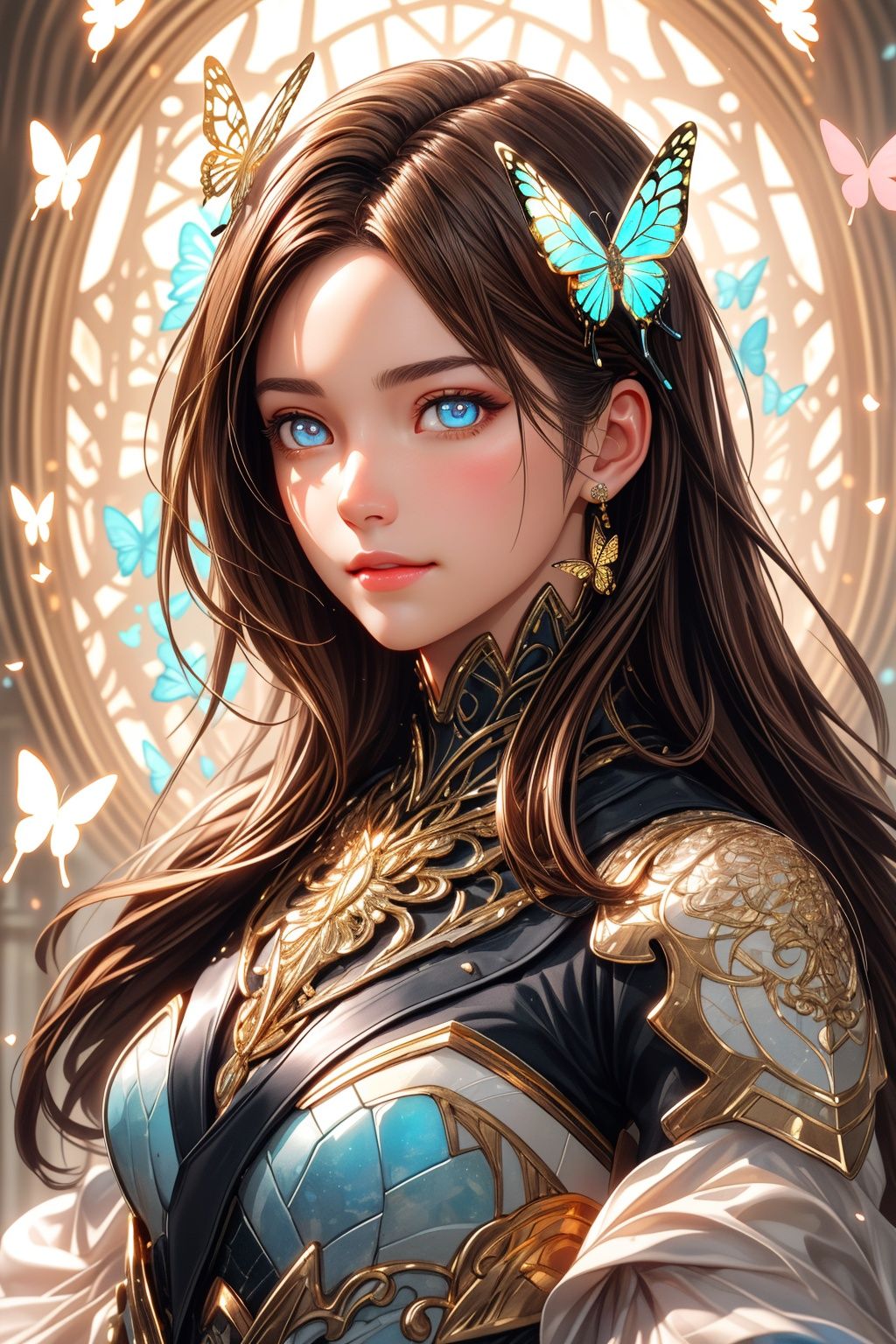 8k portrait of beautiful cyborg with brown hair,intricate,elegant,highly detailed,majestic,digital photography,art by artgerm and ruan jia and greg rutkowski surreal painting gold butterfly filigree,broken glass,(masterpiece, sidelighting, finely detailed beautiful eyes:1.2),hdr,(detailed background window to a new dimension, plants and flowers:0.7),infinity,infinite symbol,<lora:Add More Details_v1.0:0.5>,