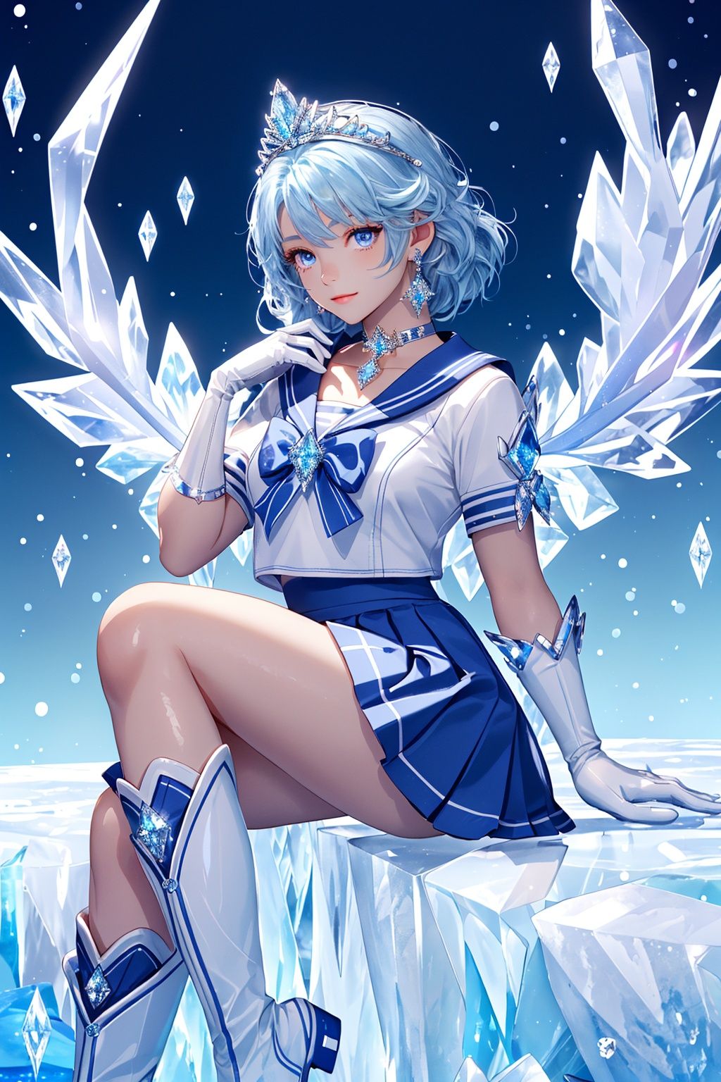 1girl,(tiara:1.3),sailor senshi uniform,blue sailor collar,bow,knee boots,choker,white gloves,blue choker,elbow gloves,jewelry,earrings,blue skirt,detailed background,(detailed light),looking_at_viewer,beautiful detailed glow,detailed ice,beautiful detailed water,((ice crystal texture wings)),fantasy,
