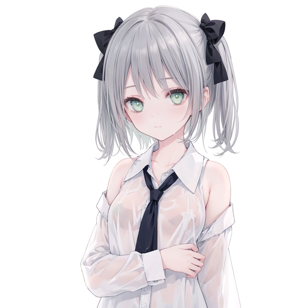 1girl,shirt,solo,white shirt,off shoulder,long hair,looking at viewer,simple background,bandaid,upper body,long sleeves,hair bow,bow,collarbone,two side up,wet,grey hair,bare shoulders,green eyes,collared shirt,blush,white background,dress shirt,cross,
