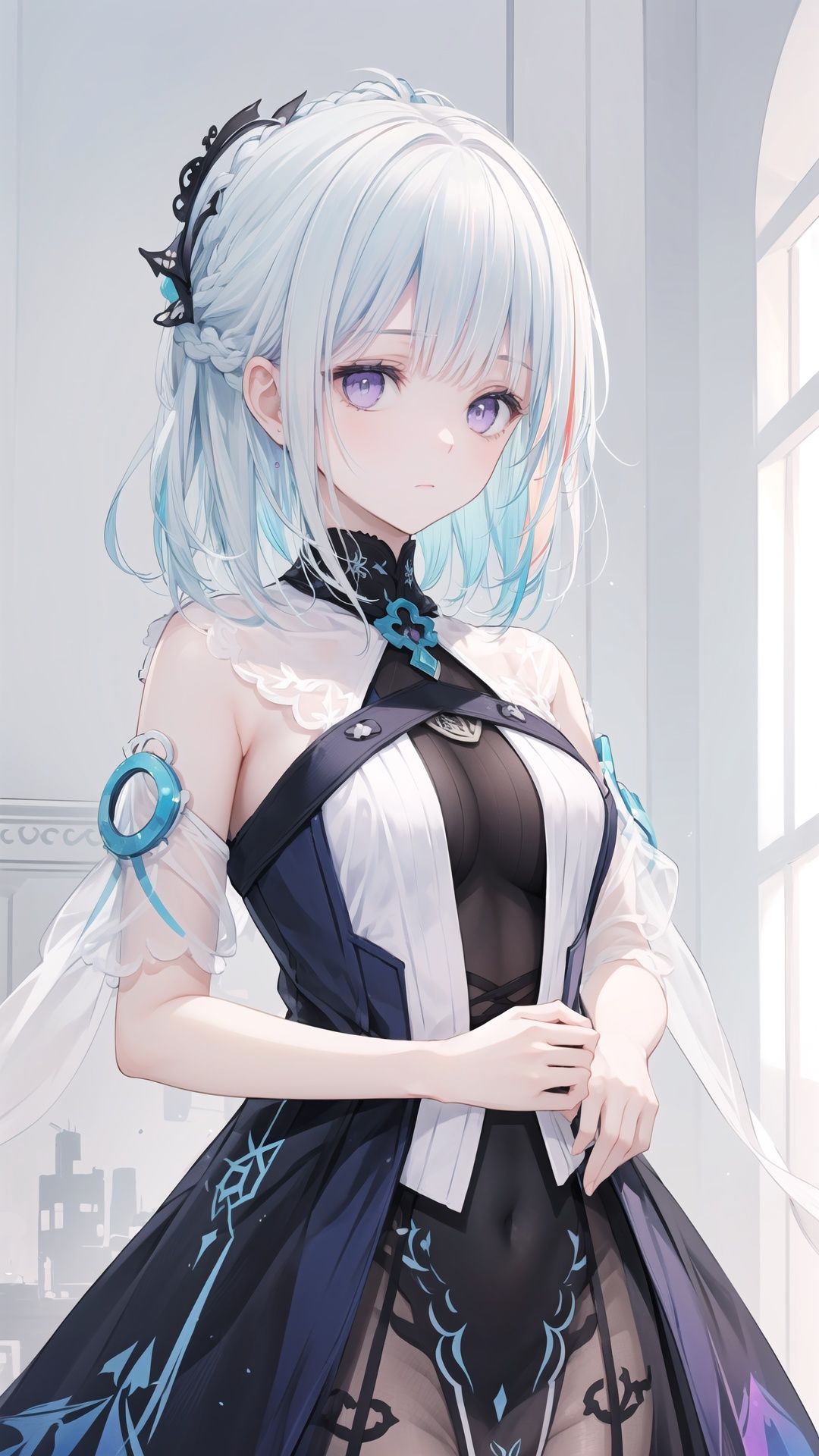 (an extremely delicate and beautiful),(((masterpiece))),((best quality)),1 girl, solo, (purple eyes), (x-shaped ornament:1.1), medium hair, messy hair, (white hair:1.28), (light blue hair:1.2), (++iridescent color hair:1.3)
