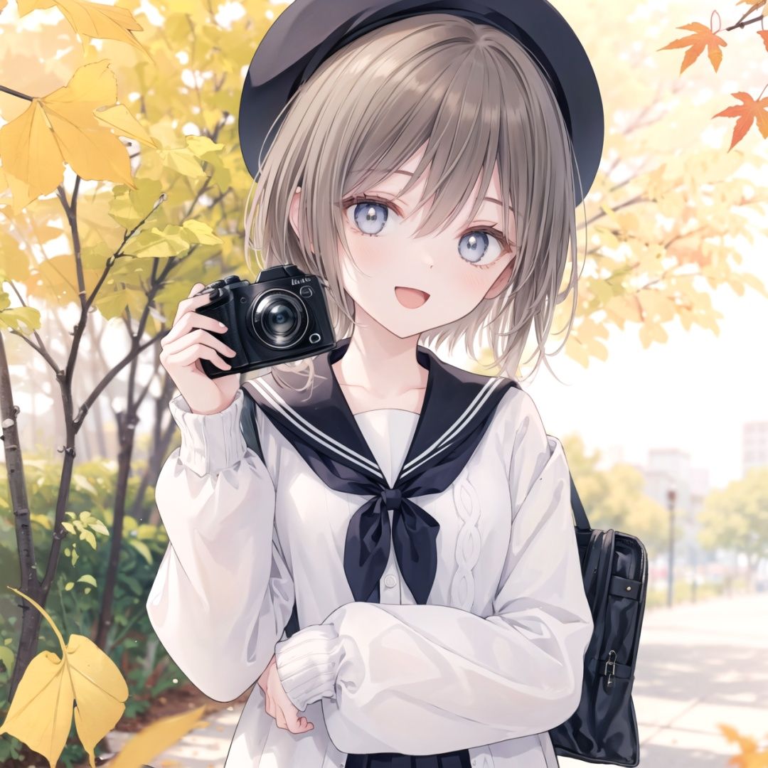 1girl,skirt,sailor collar,holding,smile,pleated skirt,hat,school uniform,solo,camera,long hair,off shoulder,shirt,bag,brown eyes,blurry,:d,bangs,serafuku,black sailor collar,holding camera,black skirt,autumn leaves,white headwear,white shirt,leaf,long sleeves,open clothes,open mouth,puffy long sleeves,blush,looking at viewer,ginkgo leaf,animal,blurry foreground,depth of field,cardigan,animal on shoulder,squirrel,blurry background,bow,beret,brown hair,black bow,puffy sleeves,open cardigan,hair between eyes,autumn,shoulder bag,hair ribbon,ribbon,white cardigan,maple leaf,outdoors,collarbone,falling leaves,
