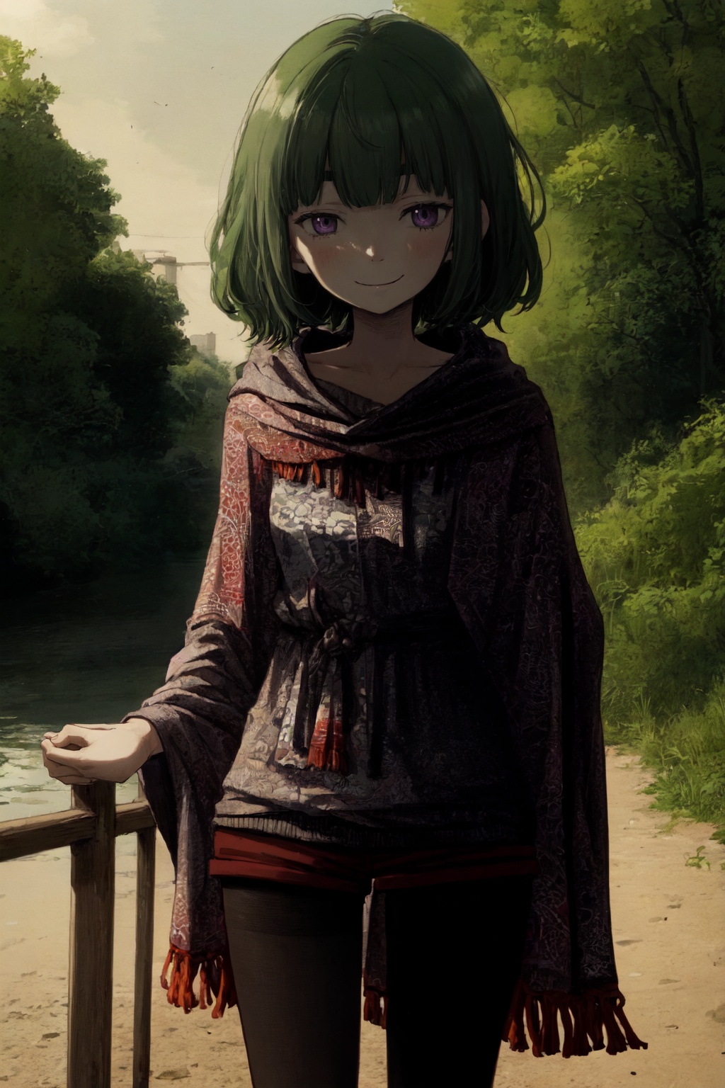 1girl solo outdoors smile closed-mouth standing Green-Hair Purple-Eyes cowboy-shot dark-gray-dress-shirt red-shorts shawl...