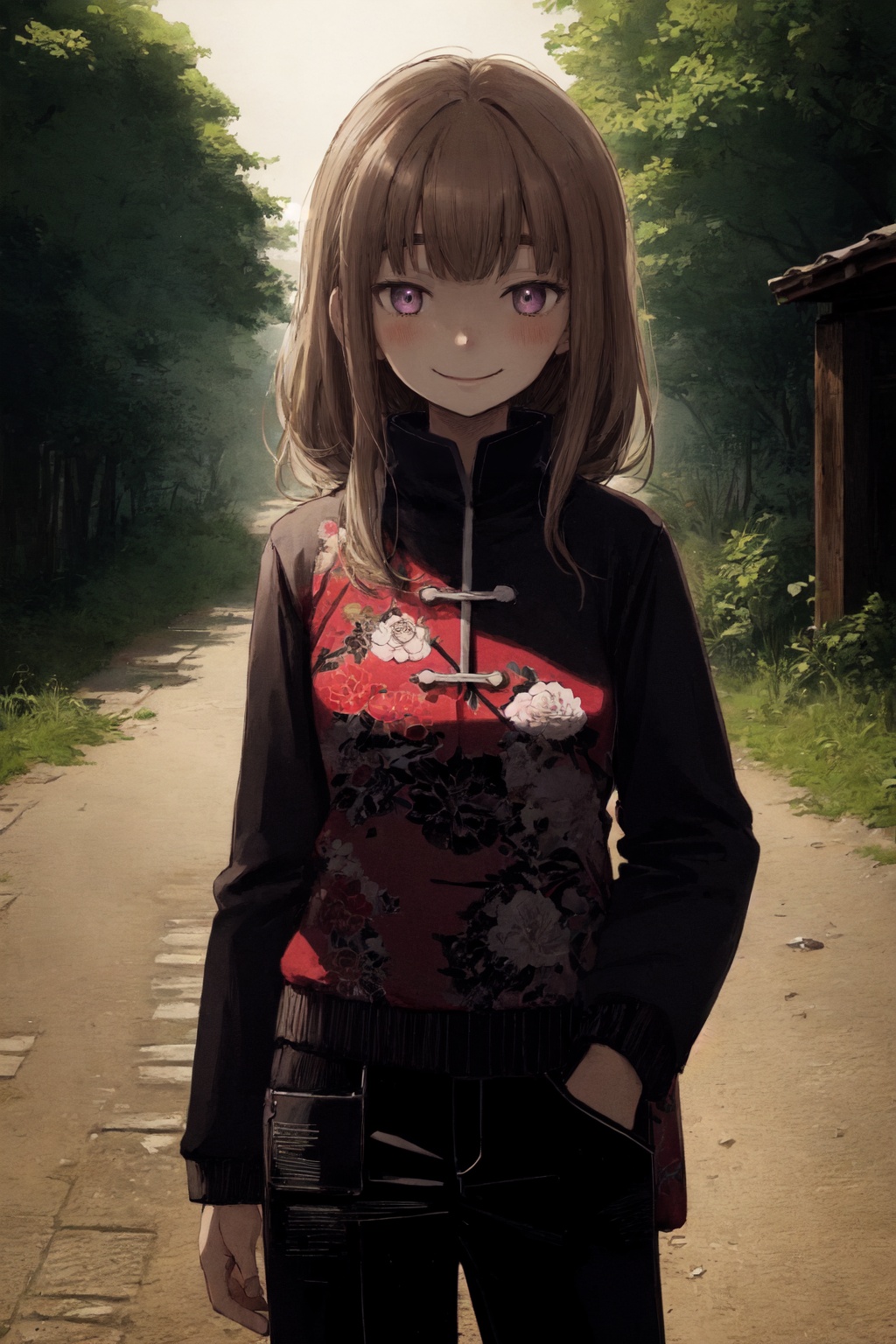 1girl solo outdoors smile closed-mouth standing Light-Brown-Hair Purple-Eyes cowboy-shot hotpink-chinese-clothes iniostyle...