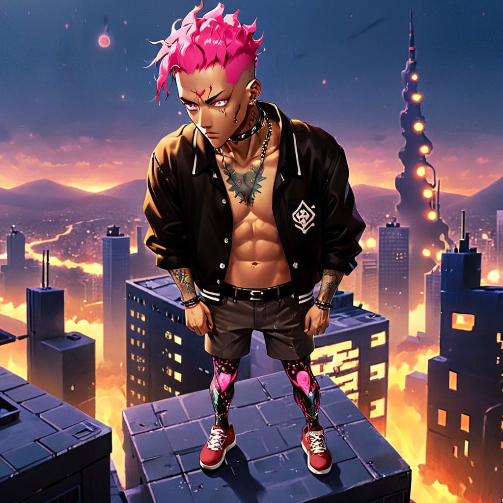 Key visual featuring"Akira: Neon Nomad",  standing on a rooftop overlooking a dystopian city,  neon lights reflecting off...