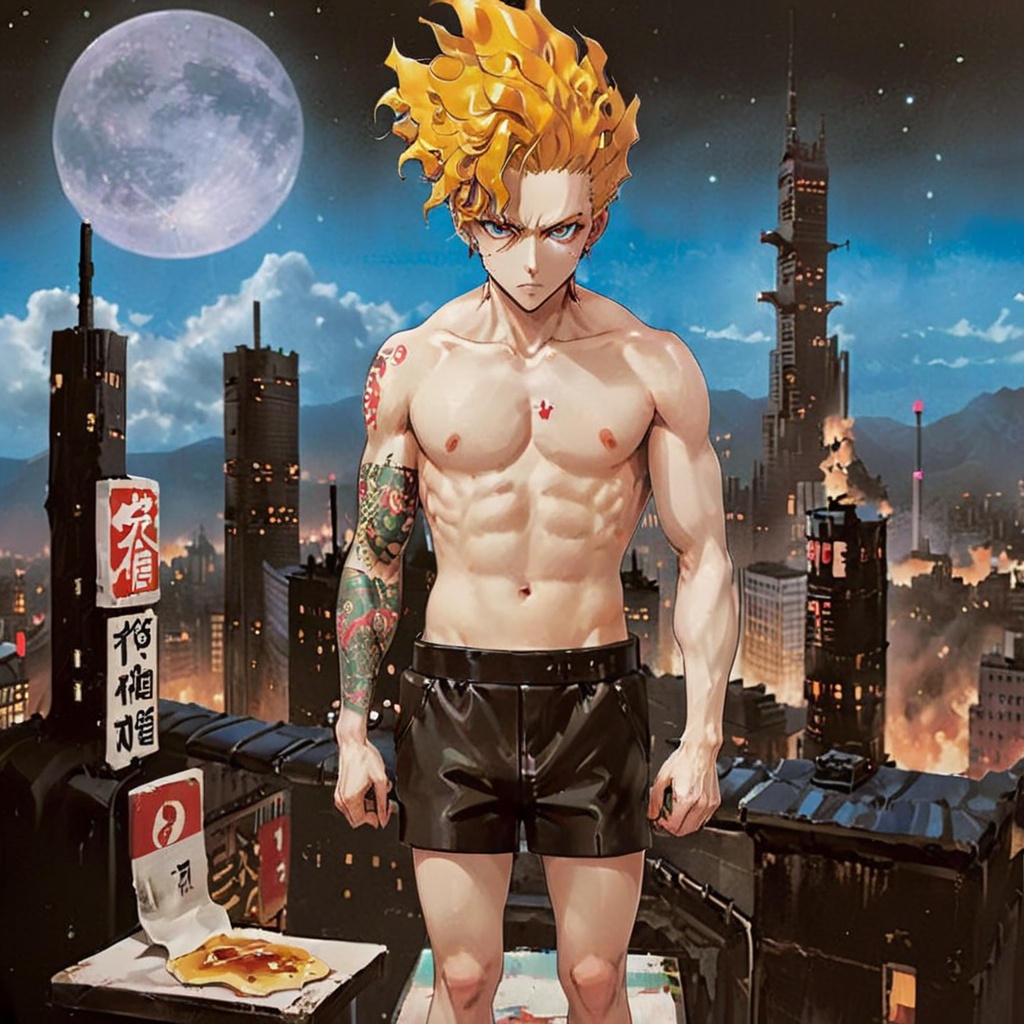 Key visual featuring"Akira: Neon Nomad",  standing on a rooftop overlooking a dystopian city,  neon lights reflecting off...