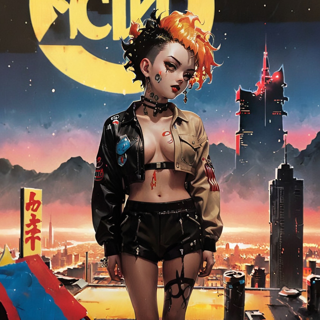 Key visual featuring"Akira: Neon Nomad",  standing on a rooftop overlooking a dystopian city,  neon lights reflecting off...
