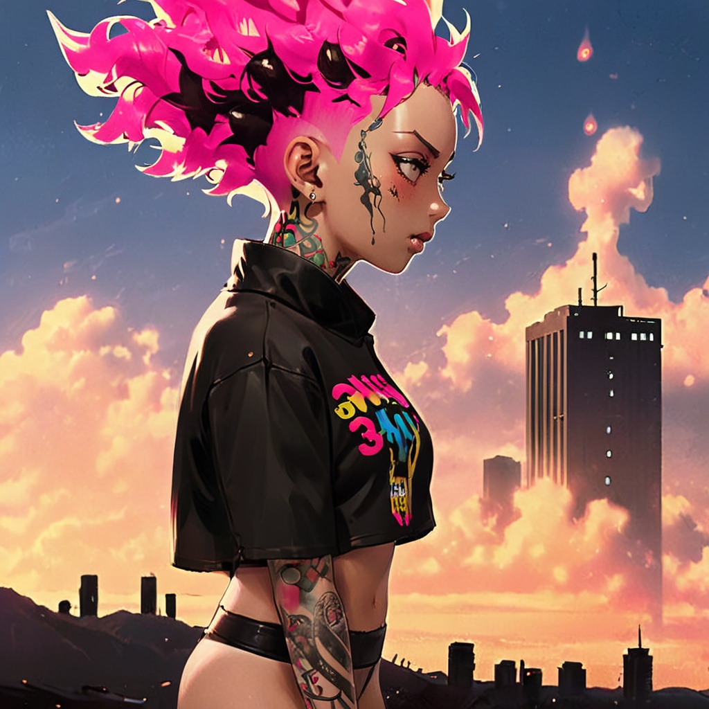 Key visual featuring"Akira: Neon Nomad",  standing on a rooftop overlooking a dystopian city,  neon lights reflecting off...