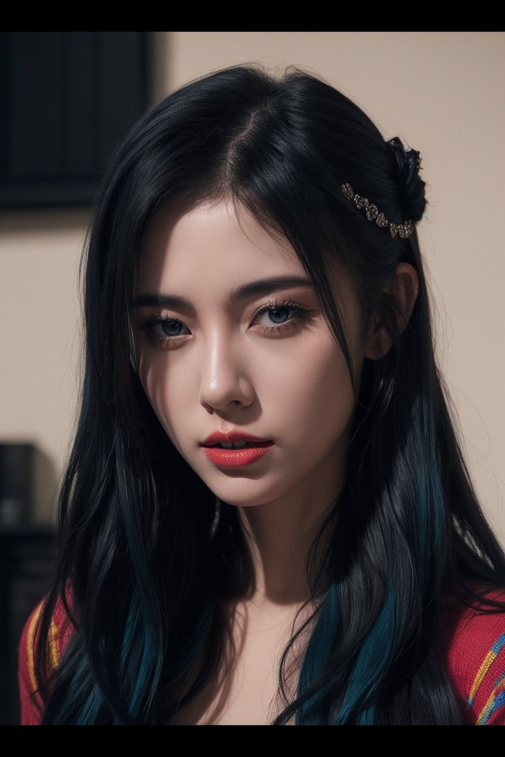 21yo girl, solo, looking at viewer, blue hair, HDR, Vibrant colors,surreal, highly detailed, masterpiece, ultra high reshigh contrast, mysterious, cinematic,Film style Psychedelic style 8k portrait of beautiful with very long hair,