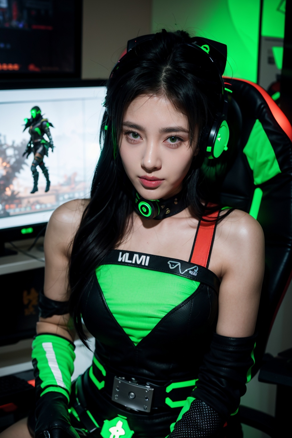  beautiful young woman, extreme detailed,
bodysuit, gloves, belt, thigh boots, respirator, 
looking at viewer, face, portrait, close-up, green, slender, 
(combat ready stance), (tactical outfit), (solo character), (gaming theme:1.5), short hair, green, (black hair), (milittary gear), (gas mask:0.4), (poisonous green:1.2), (glowing effects),