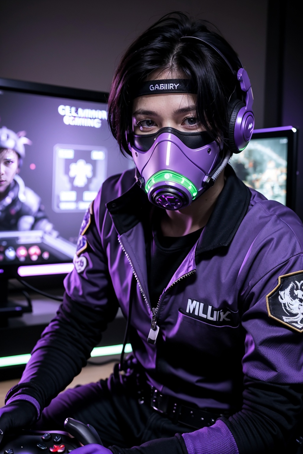  Photo of 1boy, young and handsome, extreme detailed,
combat suits, gloves, belt, respirator,
looking at viewer, face, portrait, close-up, purple,
(tactical outfit), (solo character), (gaming theme:1.5),
purple, (black short hair), (milittary gear), (gas mask:0.4), (poisonous purple:1.2), (glowing effects, Luminous purple:1.25),  1boy