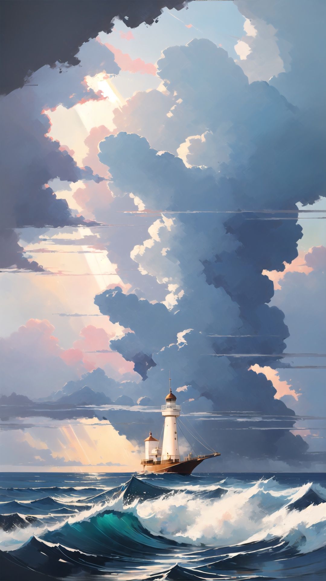  an old, steadfast lighthouse casting a strong beam of light amidst a powerful ocean storm,youhua