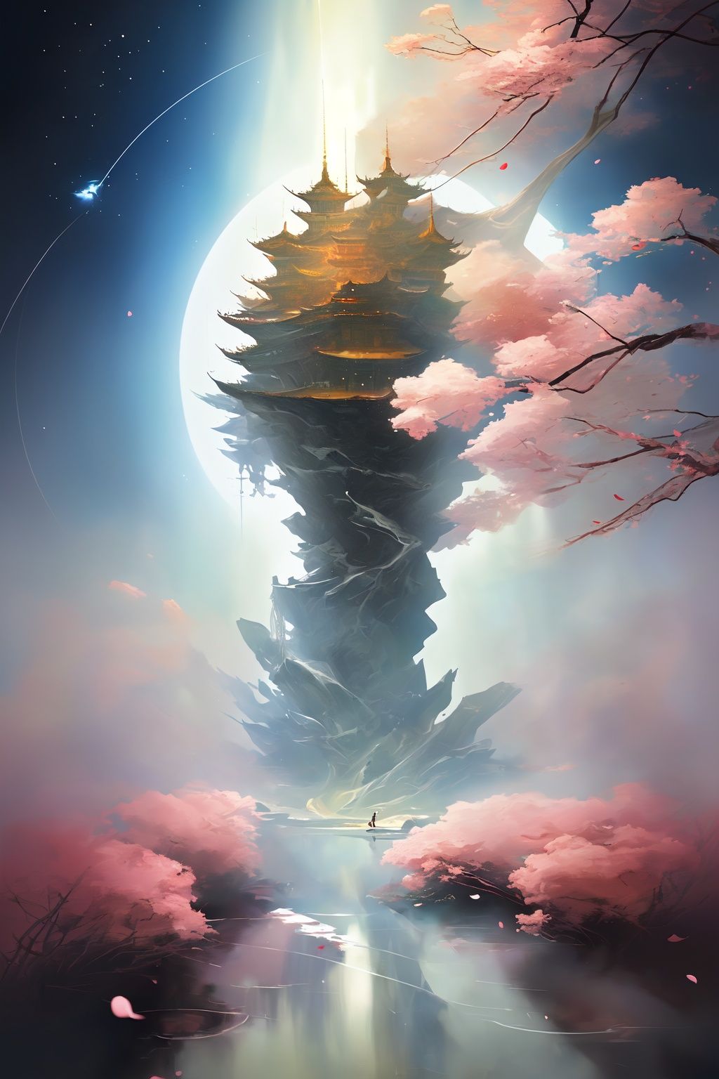 Girls, Hanfu, aestheticism, cherry, large cherry, petals fall, big scene, elegant Hanfu, dream, unreal, inception space,sci-fi,汉服,guofeng,(\hui mou\),youhua