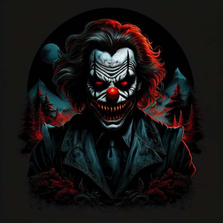 A clown, horror, terror, dark scene, dark,T shirt design,TshirtDesignAF,<lora:TshirtDesign21Config4WithTEV2:1>
