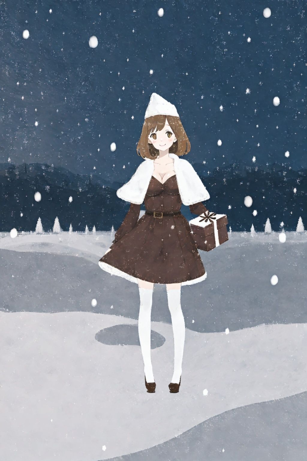  (((Snow_background|starry_background))),((Background of details)),1girl, solo, brown hair, breasts, hood, cleavage,big gift box, brown eyes, smile, capelet, looking at viewer, bell, dress, fur trim, gift, skirt, , masterpiece, best quality,bing,full body, Girl, young and beautiful, tall and beautiful, fair face, perfect features, tall and beautiful, fair skin, good figure, , mix4, 4k,cg,light smile,bing,((snowing background)),Ancient Chinese Architecture,lowsaturation 