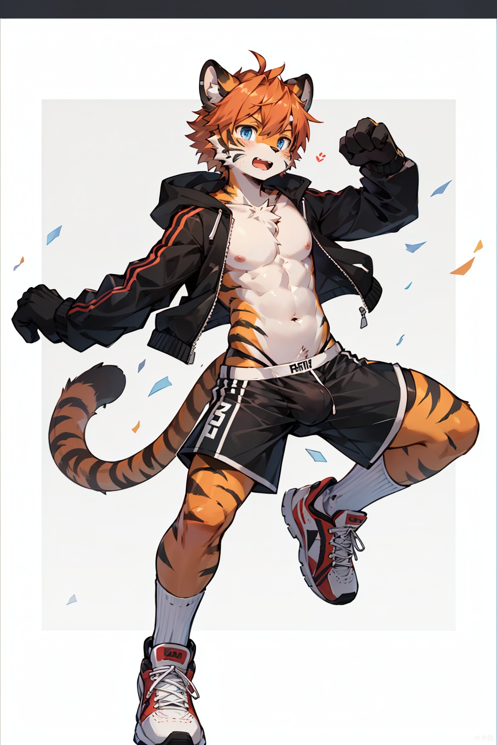 masterpiece,bestquality,((solo)),acatboy,shota,正太25,male focus, 1boy, solo, animal ears, tail, furry, blue eyes, male underwear, bulge, furry male, underwear, white footwear, gradient, socks, full body, gradient background, body fur, white male underwear, orange hair, white fur, nipples, bandaid, sneakers, navel, topless male, bandaid on face, short hair, briefs, two-tone fur, closed mouth, border, simple background, tiger ears, white border, white socks, artist name, orange fur, dated, tiger tail, whiskers, stomach, jockstrap, outside border, underwear only, bangs, animal ear fluff, white background, pectorals, collarbone, tiger boy, FURRY, baseball jacket, fight pose,shorts, machinery