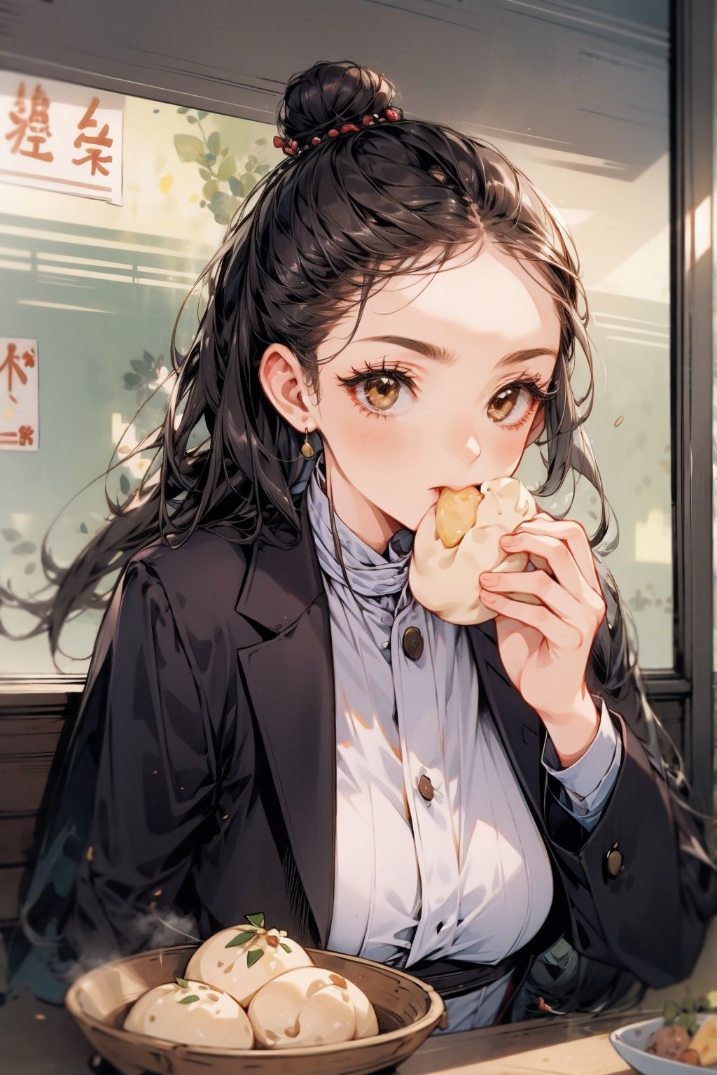  absurdres,incredibly absurdres,reality,realistic,,(solo:1.2),1girl,full_shot,Eating steamed buns,steamed stuffed bun,