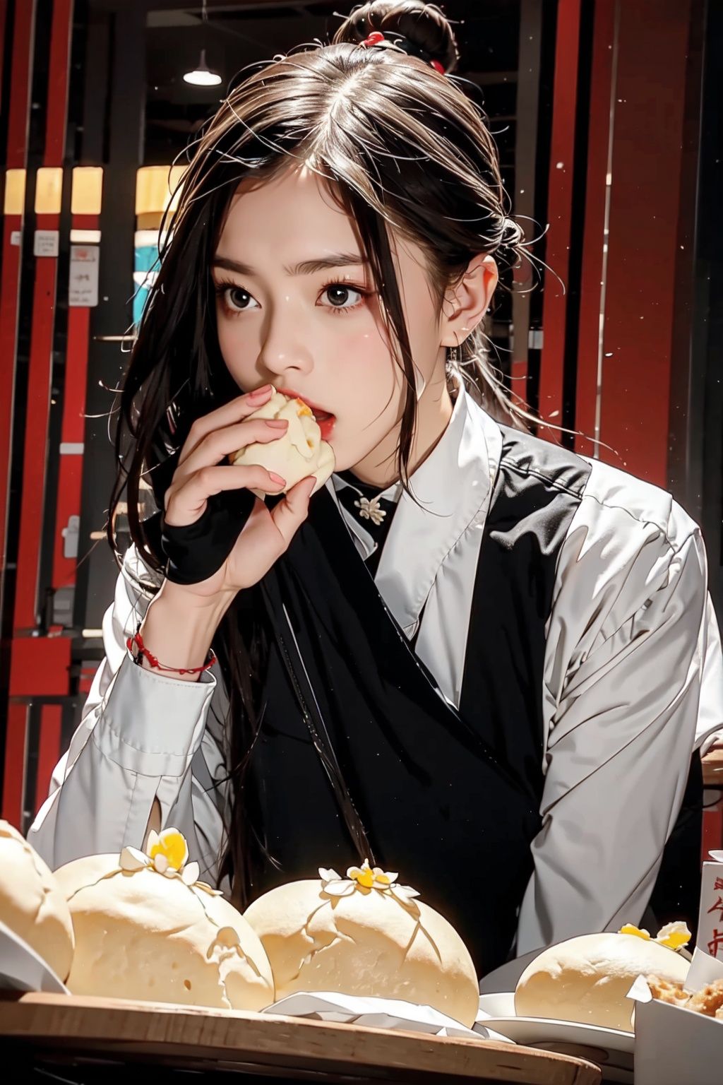  absurdres,incredibly absurdres,reality,realistic,,(solo:1.2),1girl,full_shot,Eating steamed buns,steamed stuffed bun,
