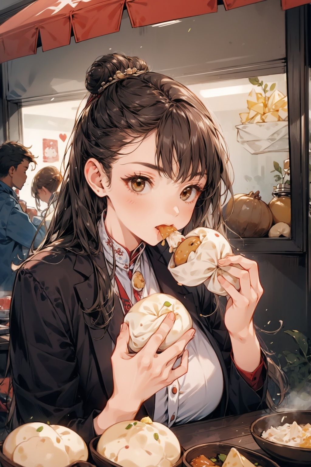  absurdres,incredibly absurdres,reality,realistic,,(solo:1.2),1girl,full_shot,Eating steamed buns,steamed stuffed bun,