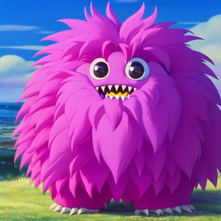 A pink fluffy monster, StdGBRedmAF, Studio Ghibli<lora:StdGBRedmAF21Config4WithTEV2:1>