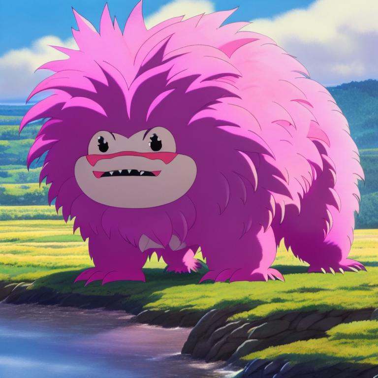 A pink fluffy monster, StdGBRedmAF, Studio Ghibli<lora:StdGBRedmAF21Config4WithTEV2:1>