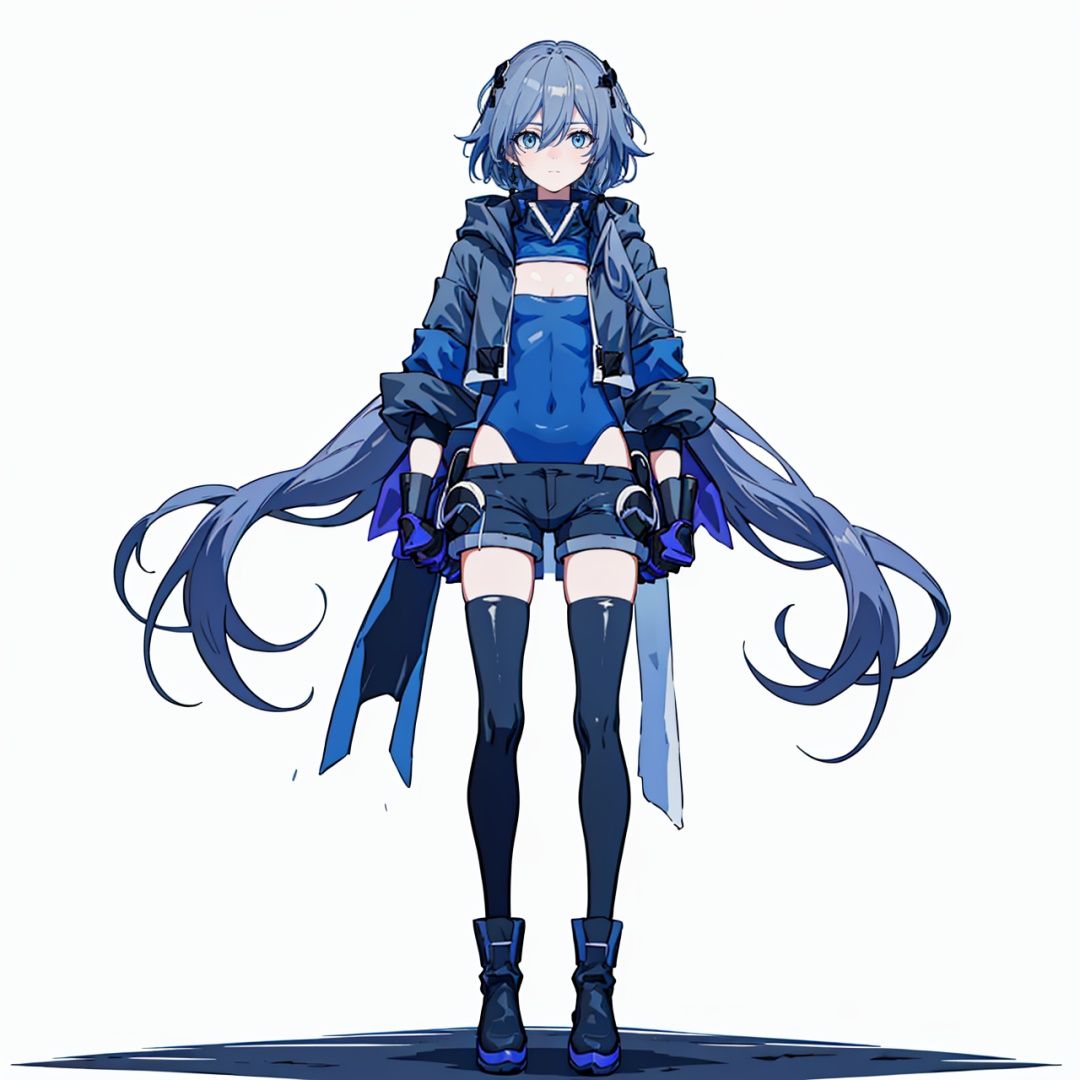  (masterpiece:1.3), (the best quality:1.2), (super fine illustrations:1.2), (Masterpiece), high quality, high detail,(white background:1.2), looking at viewer, (SOLO:1.4),outline,,simple background,,hairband,hoodie,cleavage,leotard under clothes,blue legwear,open clothes,belt,boots,black shorts,hood jacket,black legwear,black footwear,leotard,hair ornament,elbow gloves,black leotard,logo,jacket,bangs,black gloves,hair between eyes,fu hua,blue eyes,gloves,long hair,thighhighs,boots,