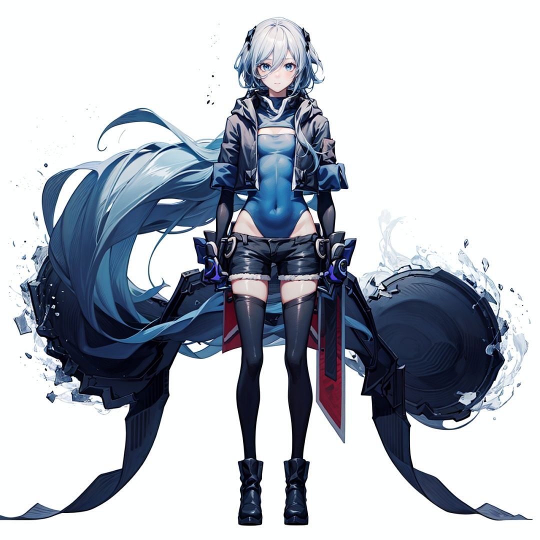  (masterpiece:1.3), (the best quality:1.2), (super fine illustrations:1.2), (Masterpiece), high quality, high detail,(white background:1.2), looking at viewer, (SOLO:1.4),outline,,simple background,,hairband,hoodie,cleavage,leotard under clothes,blue legwear,open clothes,belt,boots,black shorts,hood jacket,black legwear,black footwear,leotard,hair ornament,elbow gloves,black leotard,logo,jacket,bangs,black gloves,hair between eyes,fu hua,blue eyes,gloves,long hair,thighhighs,boots,