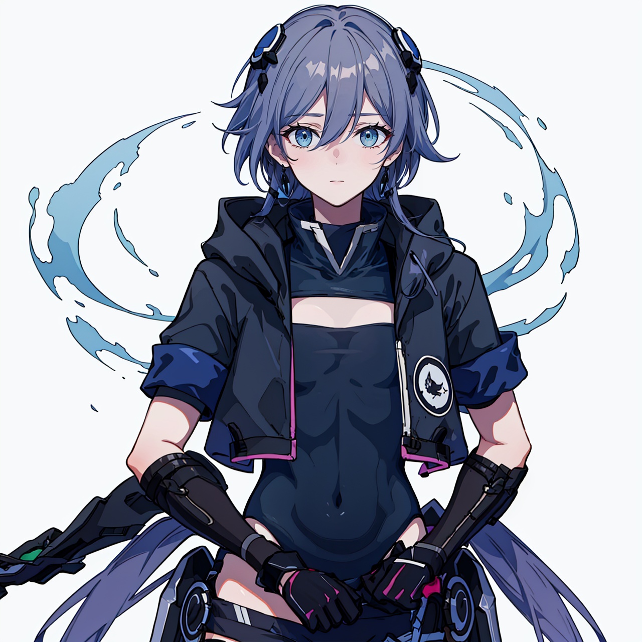  (masterpiece:1.3), (the best quality:1.2), (super fine illustrations:1.2), (Masterpiece), high quality, high detail,(white background:1.2), looking at viewer, (SOLO:1.4),outline,,simple background,,hairband,hoodie,cleavage,leotard under clothes,blue legwear,open clothes,belt,boots,black shorts,hood jacket,black legwear,black footwear,leotard,hair ornament,elbow gloves,black leotard,logo,jacket,bangs,black gloves,hair between eyes,fu hua,blue eyes,gloves,long hair,thighhighs,boots,