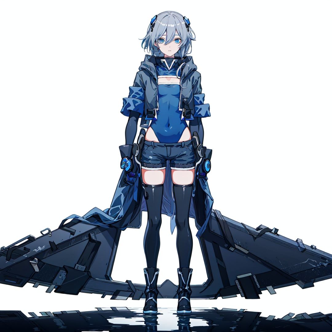 (masterpiece:1.3),(the best quality:1.2),(super fine illustrations:1.2),(Masterpiece),high quality,high detail,(white background:1.2),looking at viewer,(SOLO:1.4),outline,simple background,<lora:符华-小古董-3.0:0.8>, hairband,hoodie,cleavage,leotard under clothes,blue legwear,open clothes,belt,boots,black shorts,hood jacket,black legwear,black footwear,leotard,hair ornament,elbow gloves,black leotard,logo,jacket,bangs,black gloves,hair between eyes,fu hua,blue eyes,gloves,long hair,thighhighs,boots,