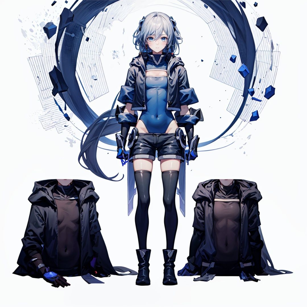  (masterpiece:1.3), (the best quality:1.2), (super fine illustrations:1.2), (Masterpiece), high quality, high detail,(white background:1.2), looking at viewer, (SOLO:1.4),outline,,simple background,,hairband,hoodie,cleavage,leotard under clothes,blue legwear,open clothes,belt,boots,black shorts,hood jacket,black legwear,black footwear,leotard,hair ornament,elbow gloves,black leotard,logo,jacket,bangs,black gloves,hair between eyes,fu hua,blue eyes,gloves,long hair,thighhighs,boots,