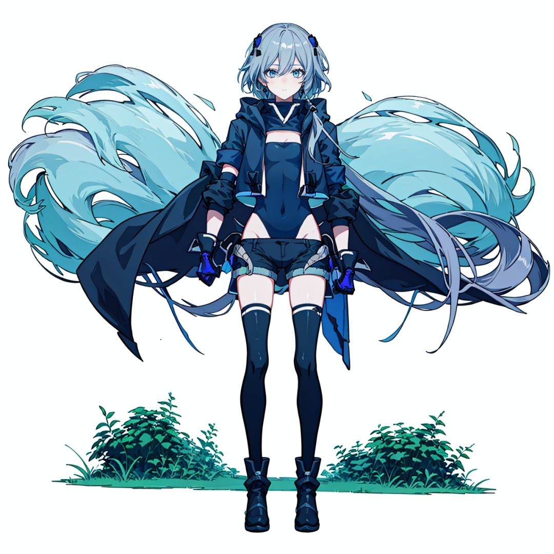  (masterpiece:1.3), (the best quality:1.2), (super fine illustrations:1.2), (Masterpiece), high quality, high detail,(white background:1.2), looking at viewer, (SOLO:1.4),outline,,simple background,,hairband,hoodie,cleavage,leotard under clothes,blue legwear,open clothes,belt,boots,black shorts,hood jacket,black legwear,black footwear,leotard,hair ornament,elbow gloves,black leotard,logo,jacket,bangs,black gloves,hair between eyes,fu hua,blue eyes,gloves,long hair,thighhighs,boots,