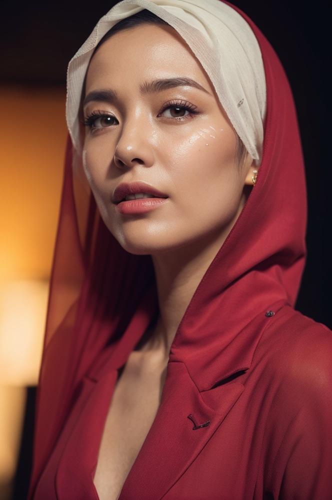 a real MALAYSIAN woman wearing a red MAXI suit hijab,  best suit HIJAB,  dark pink background on Tensor.Art