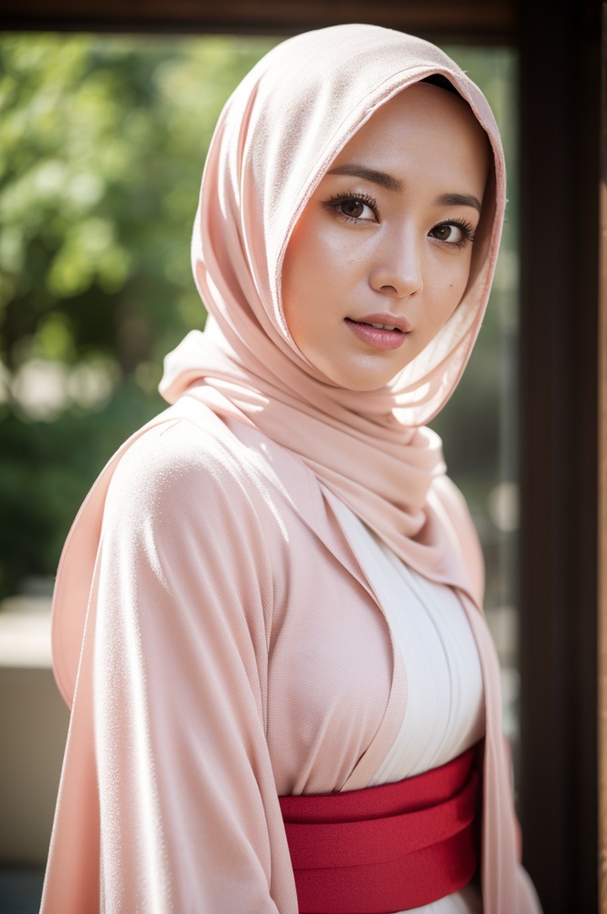 a real Japan woman wearing a pink kimono hijab,  best suit HIJAB,  dark room background on Tensor.Art