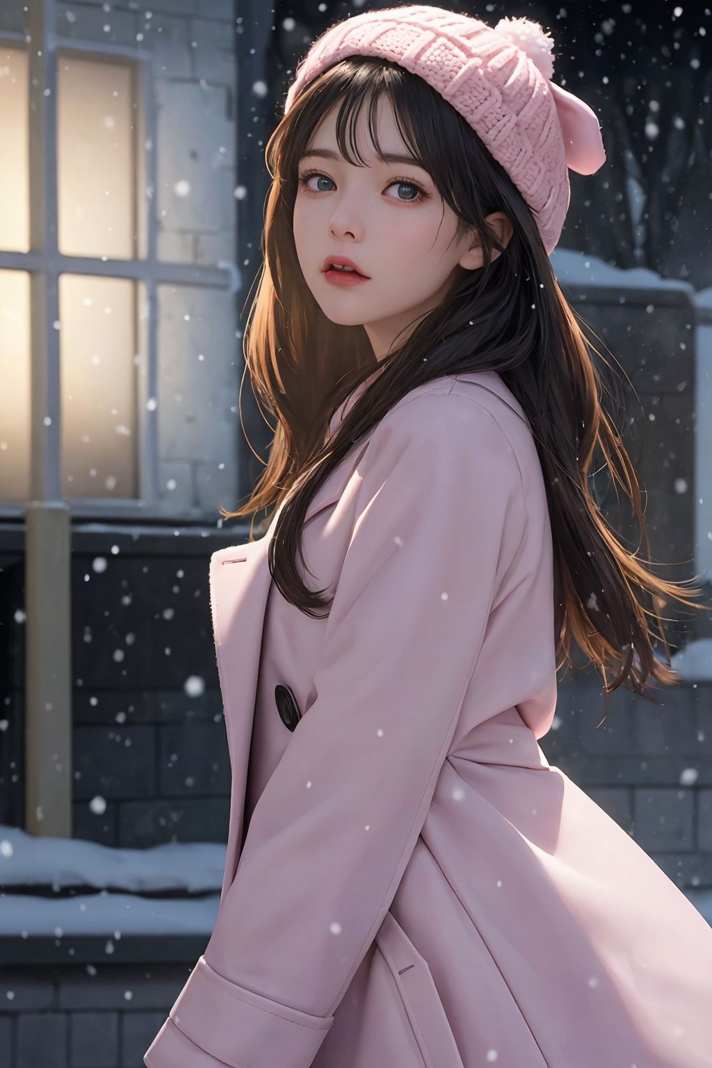 The girl in the plush hat,like a masterpiece of realism,is superior in quality,and the picture quality reaches the ultra-high resolution 16K realm. Imagine,it's snowing outside,she's dressed in pink,her long legs are bare,a apple green coat is draped around her body,and then a coat is covered,the smell of winter is blowing in her face. The picture is high-definition,the contrast between light and dark is prominent,the side light and diffuse reflection are interwoven,the collision light,the close-up moment is frozen,and the strong emotion is coming out. This is the charm of modernism,a picture,a thousand words,gripping.,